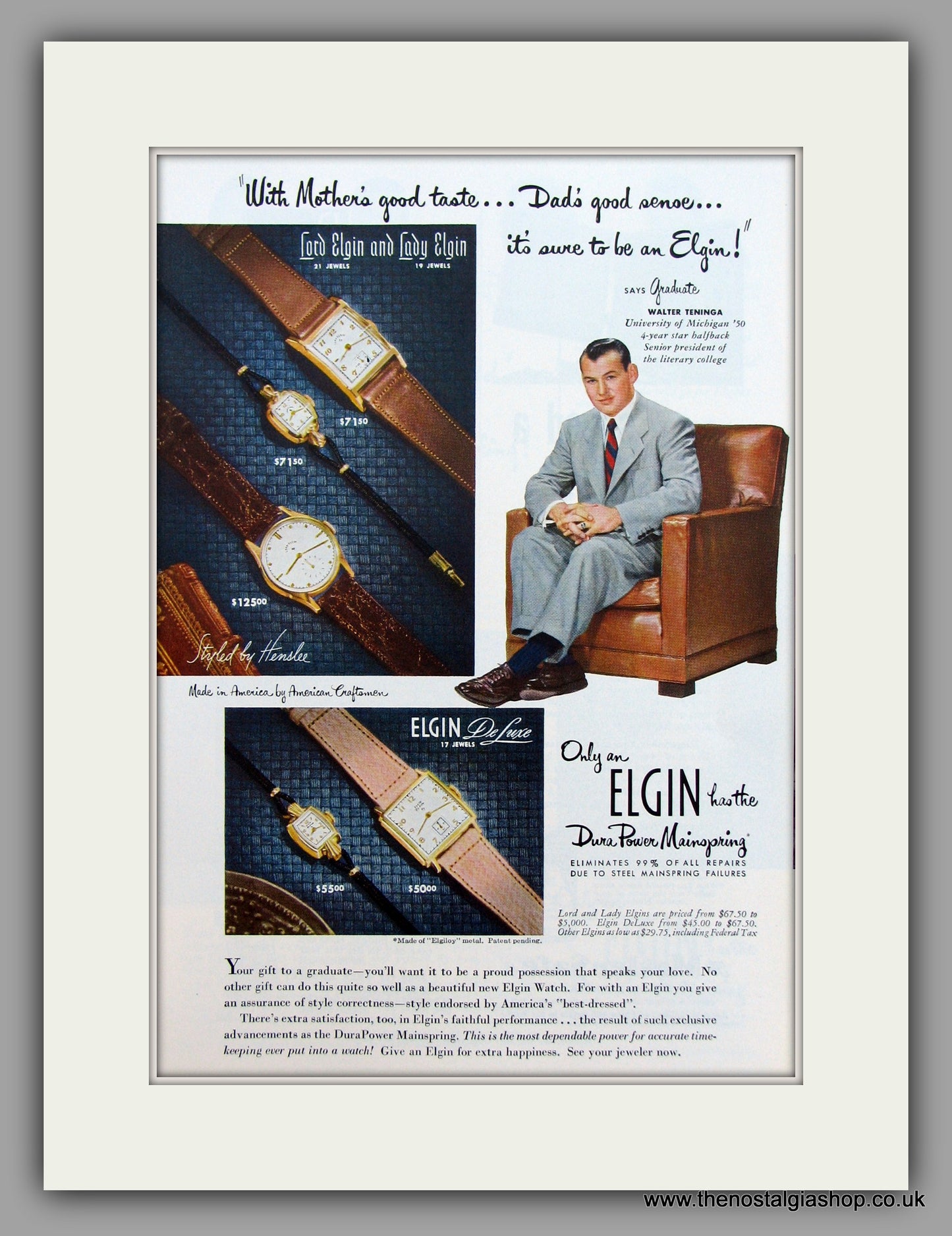 Elgin Watches. 1950 Original Vintage Advert  (ref AD7931)