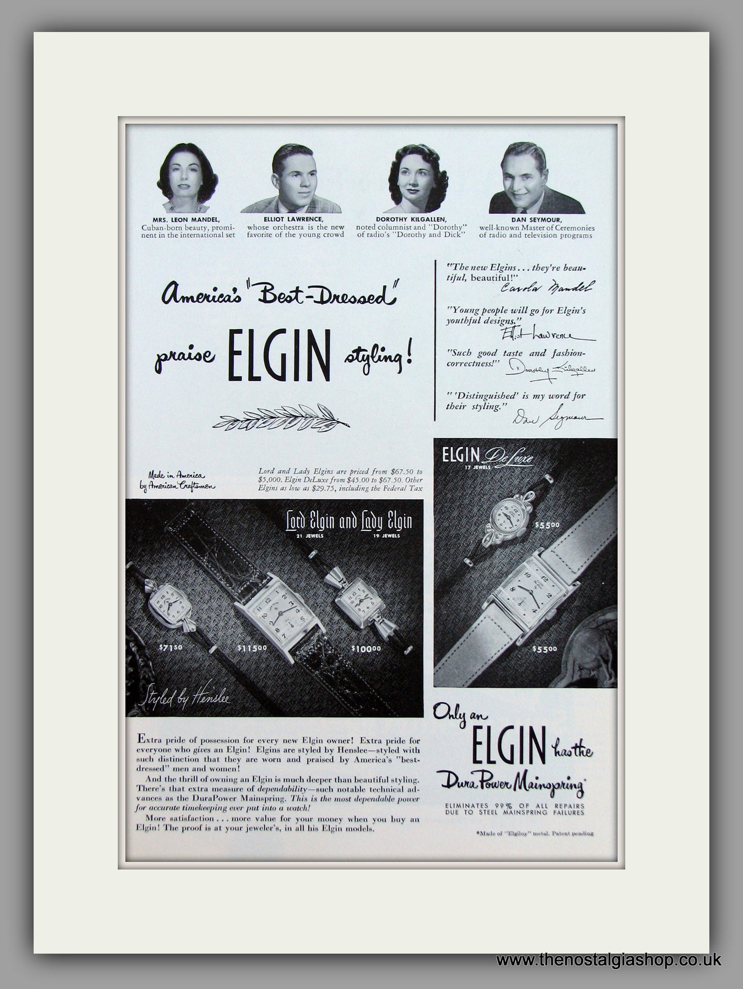 Elgin Watches. 1950 Original Vintage Advert  (ref AD7932)