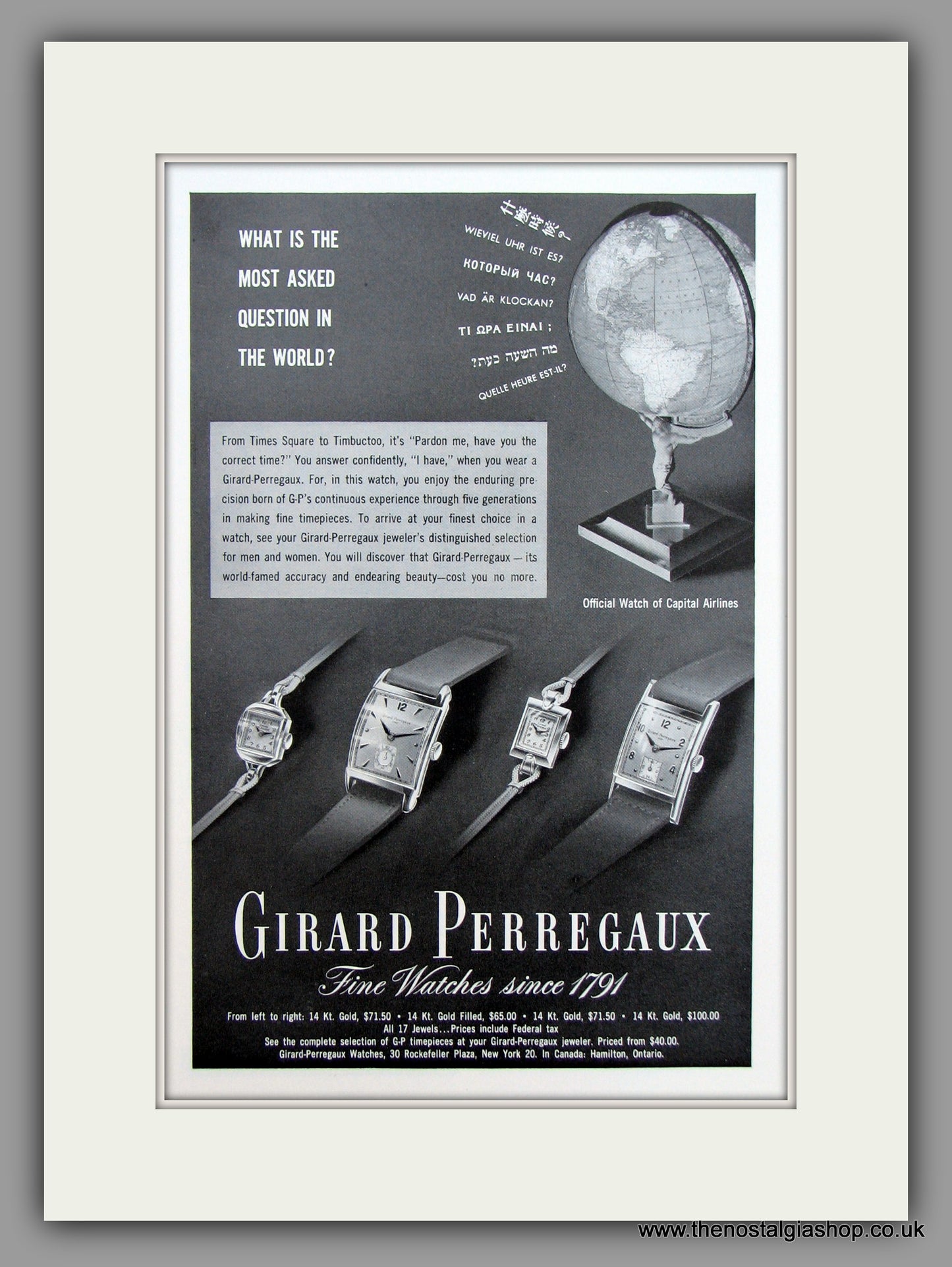 Girard Perregaux Watches. 1949 Original Vintage Advert  (ref AD7937)