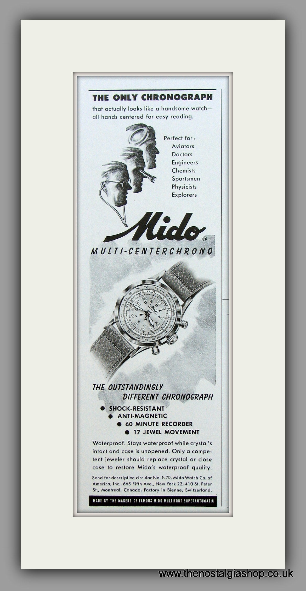 Mido Multi-Centerchrono Watches. 1950 Original Vintage Advert  (ref AD7938)