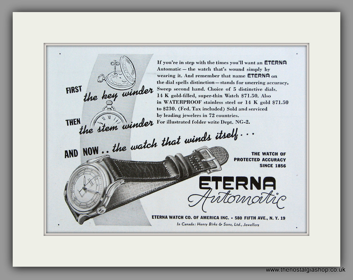 Eterna Automatic Watches. 1948 Original Vintage Advert  (ref AD7940)