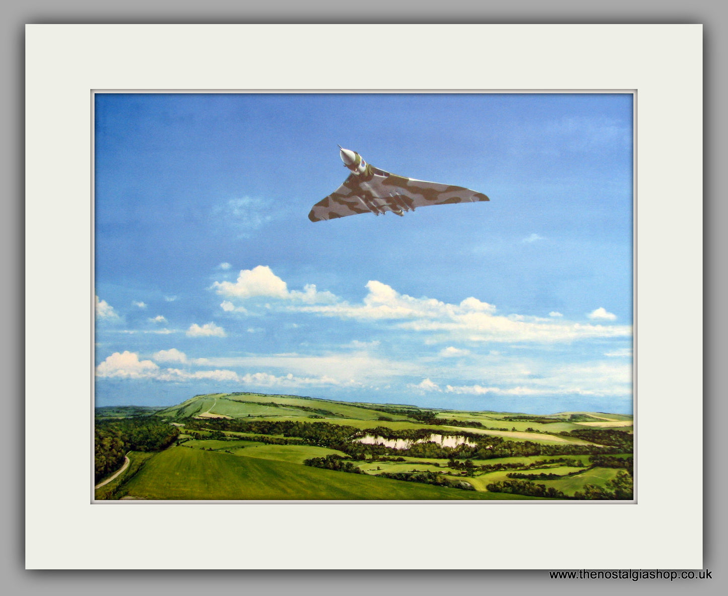 Vulcan Bomber Flying Low. Mounted Aircraft print (ref N164)