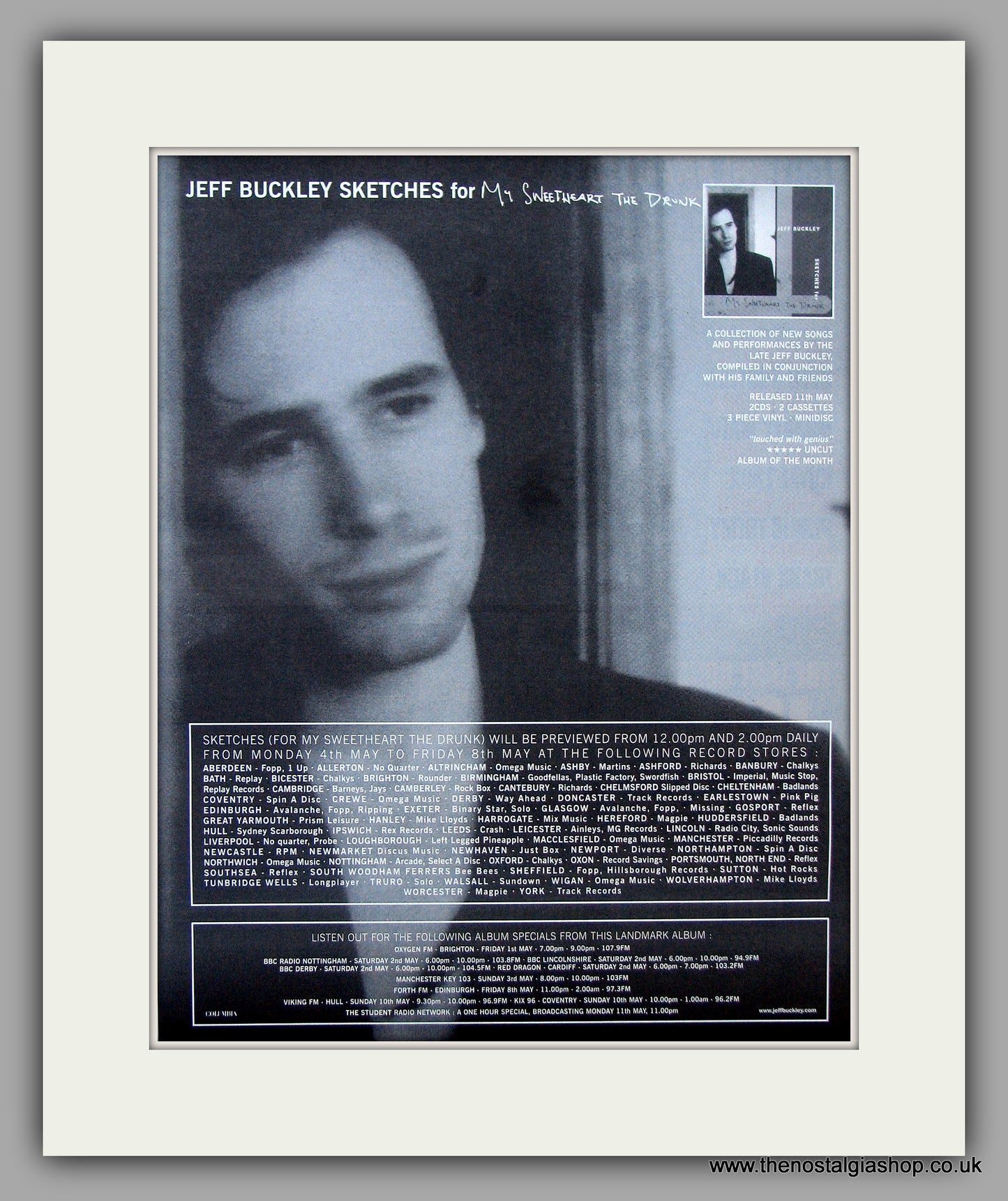 Jeff Buckley - Sketches For My Sweetheart The Drunk. Original Vintage Advert 1998 (ref AD10824)