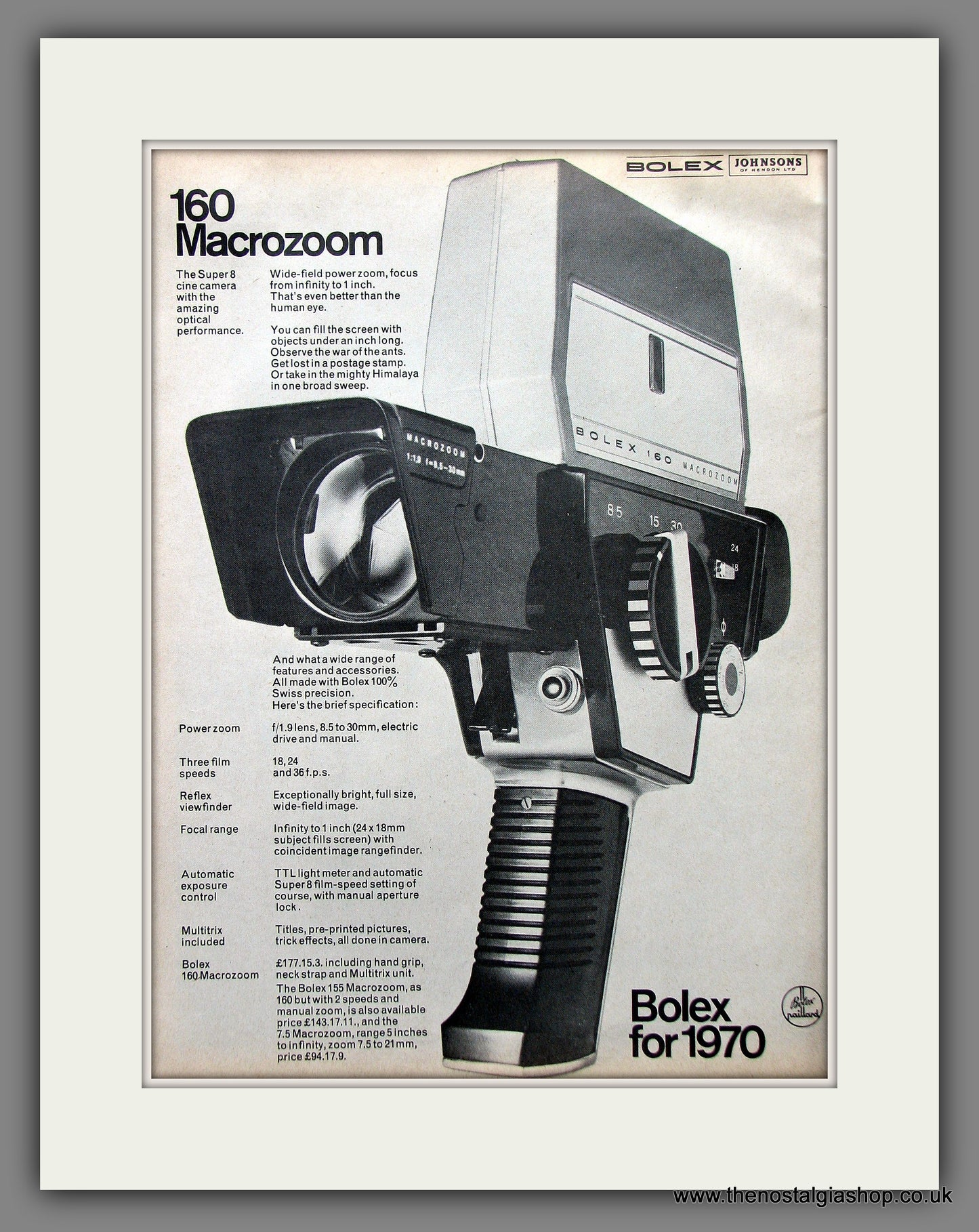 Bolex 160 Macrozoom Camera. Original Advert 1970 (ref AD55333)