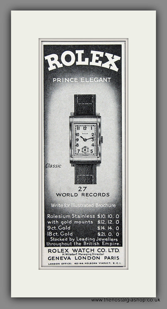 Rolex Prince Elegant Watch. Original Advert 1935 (ref AD55337)