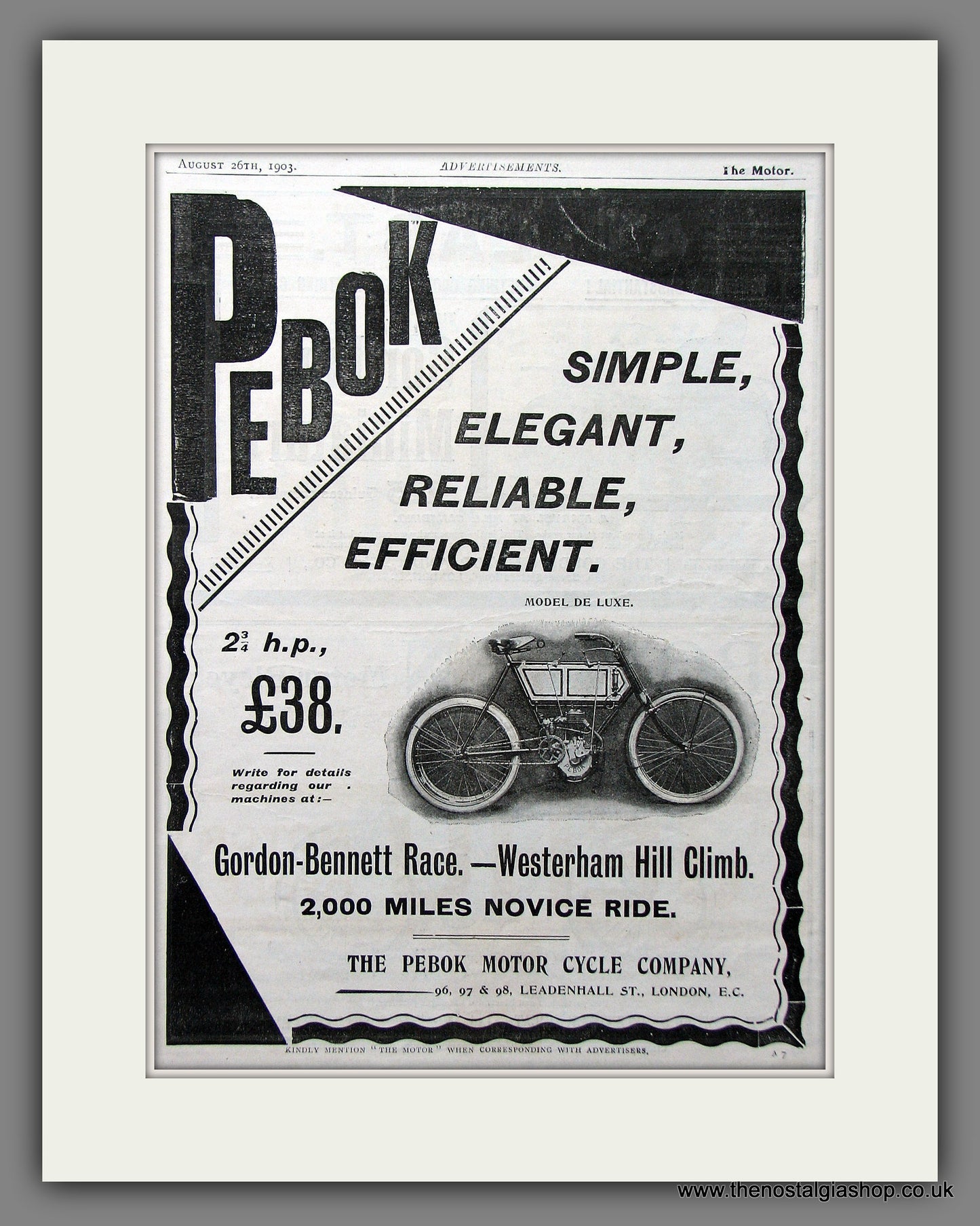 Pebok Motor Cycles. Original Advert 1903  (ref AD55363)