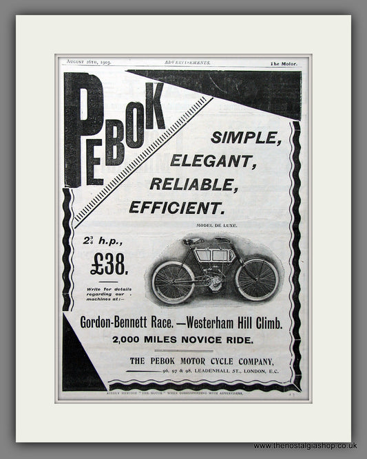 Pebok Motor Cycles. Original Advert 1903  (ref AD55363)