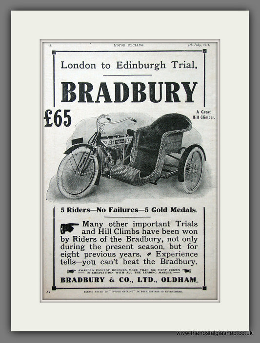 Bradbury Motor Cycle. Original Advert 1911  (ref AD55366)