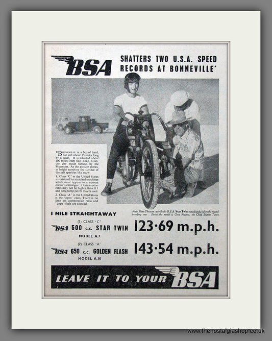 BSA Shatters Two USA Speed Records at Bonneville. Original advert 1951 (ref AD55369)