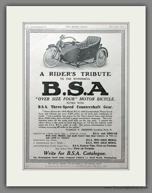 BSA 1914 Model with Sidecar. Original advert 1914 (ref AD55368)