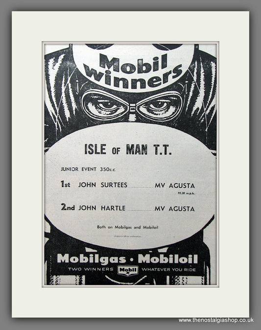 Mobil Oil. Winning The T.T. John Surtees. Original advert 1959 (ref AD55381)