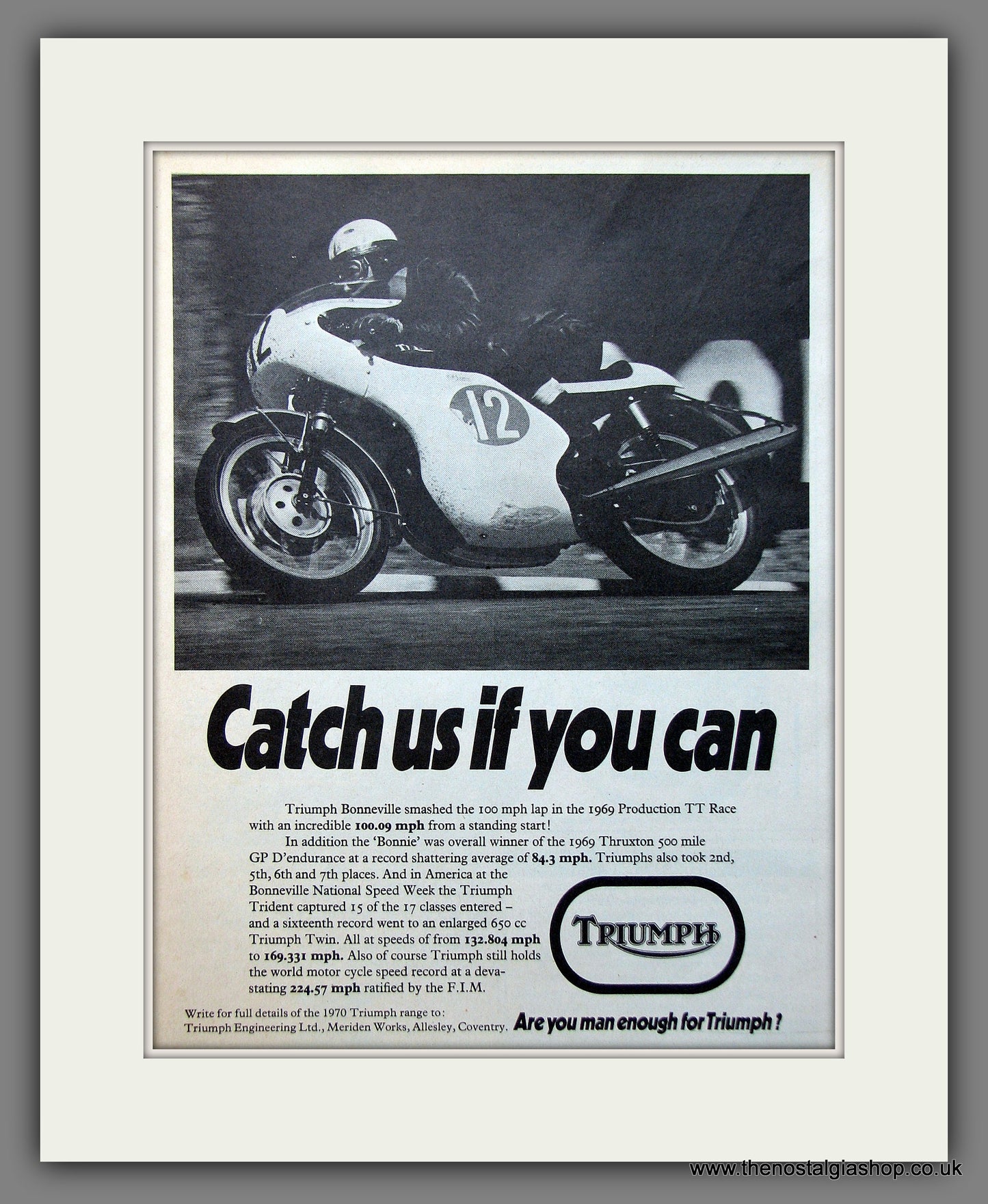 Triumph Bonneville Motorcycle 100mph Lap at the T.T.. Original advert 1970 (ref AD55382)