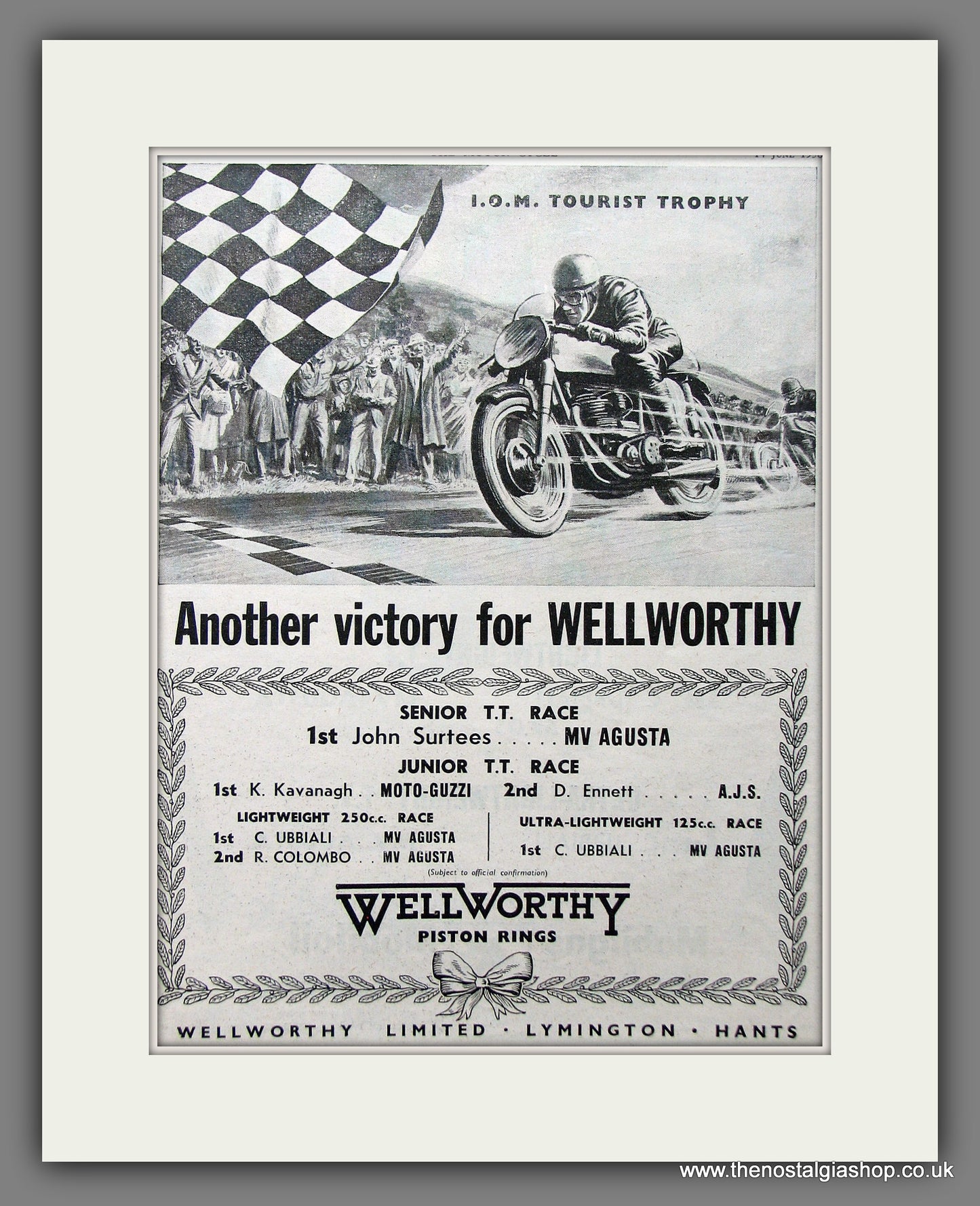 MV Augusta, John Surtees and Wellworthy Piston Rings. Original Advert 1956 (ref AD55389)