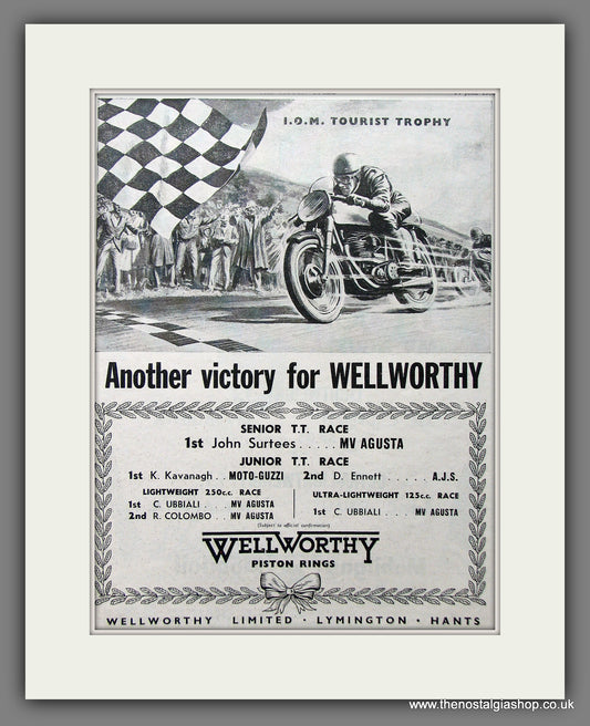 MV Augusta, John Surtees and Wellworthy Piston Rings. Original Advert 1956 (ref AD55389)