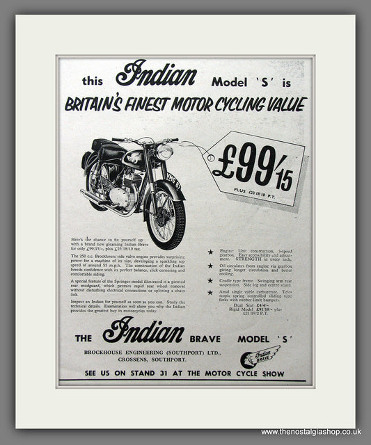 Indian Model S 250cc Motorcycle Original Advert 1955 (ref AD55384)