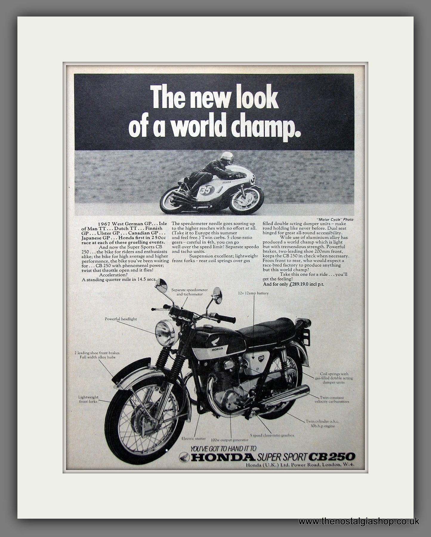 Honda Super Sport CB250 Motorcycle. Original Advert 1968 (ref AD55387)