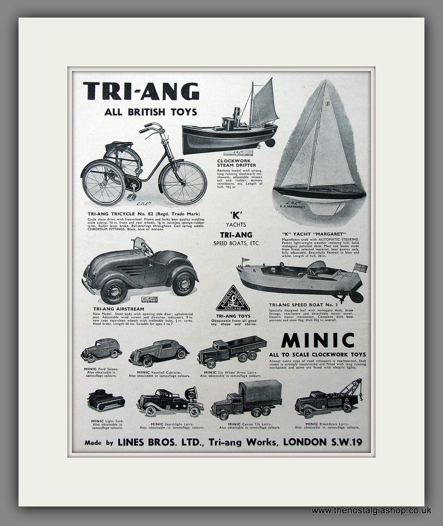 TRI-ANG Boats and Cycles. Original Advert 1940 (ref AD55345)