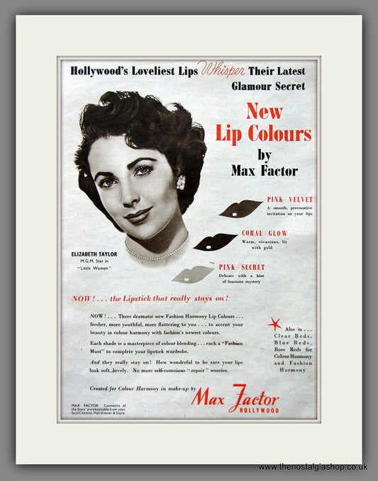 Max Factor Lip Stick Featuring Elizabeth Taylor Original Advert 1949 (ref AD55450)