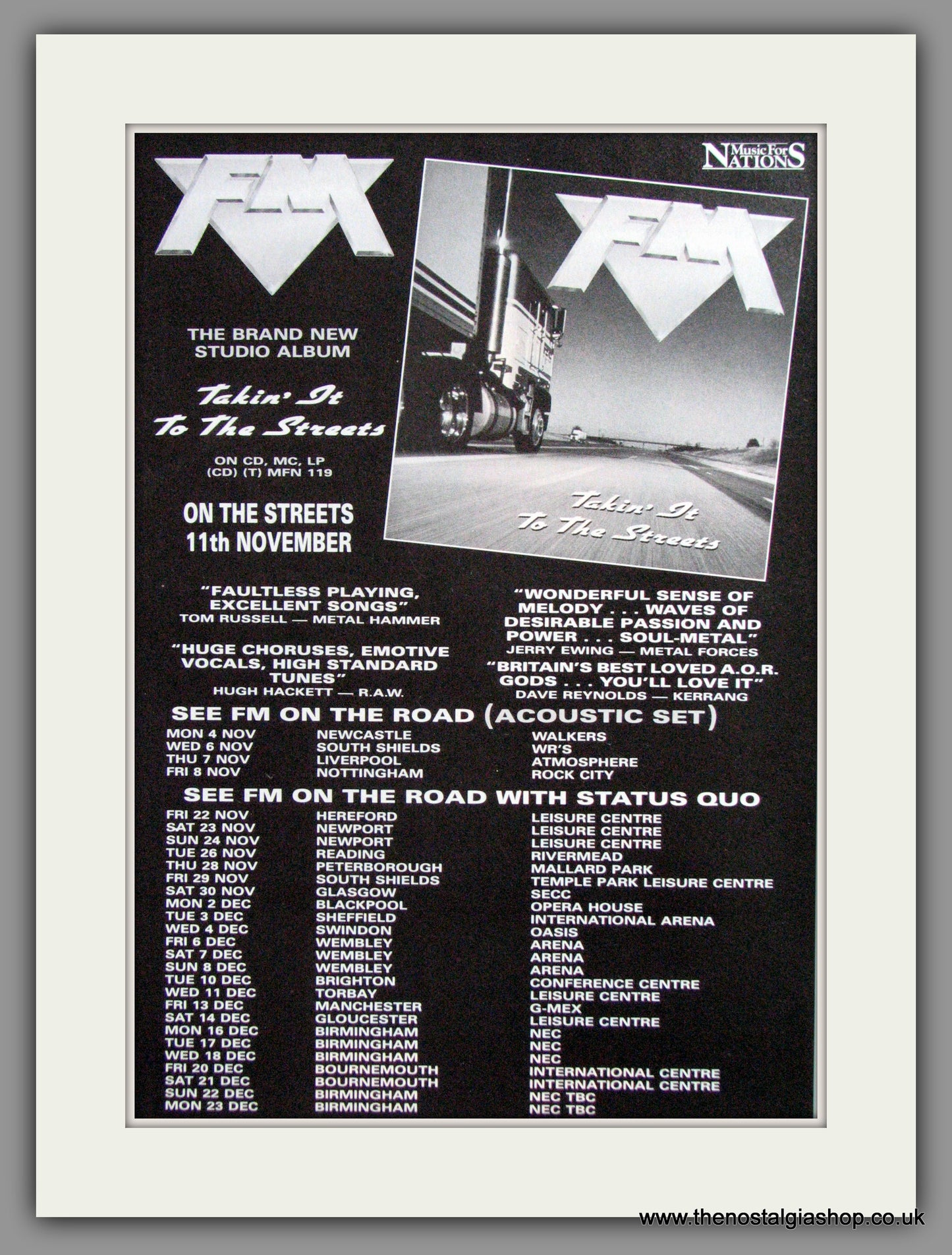 FM - Takin' It To The Streets. + Tour Dates Original Advert 1991 (ref AD50312)