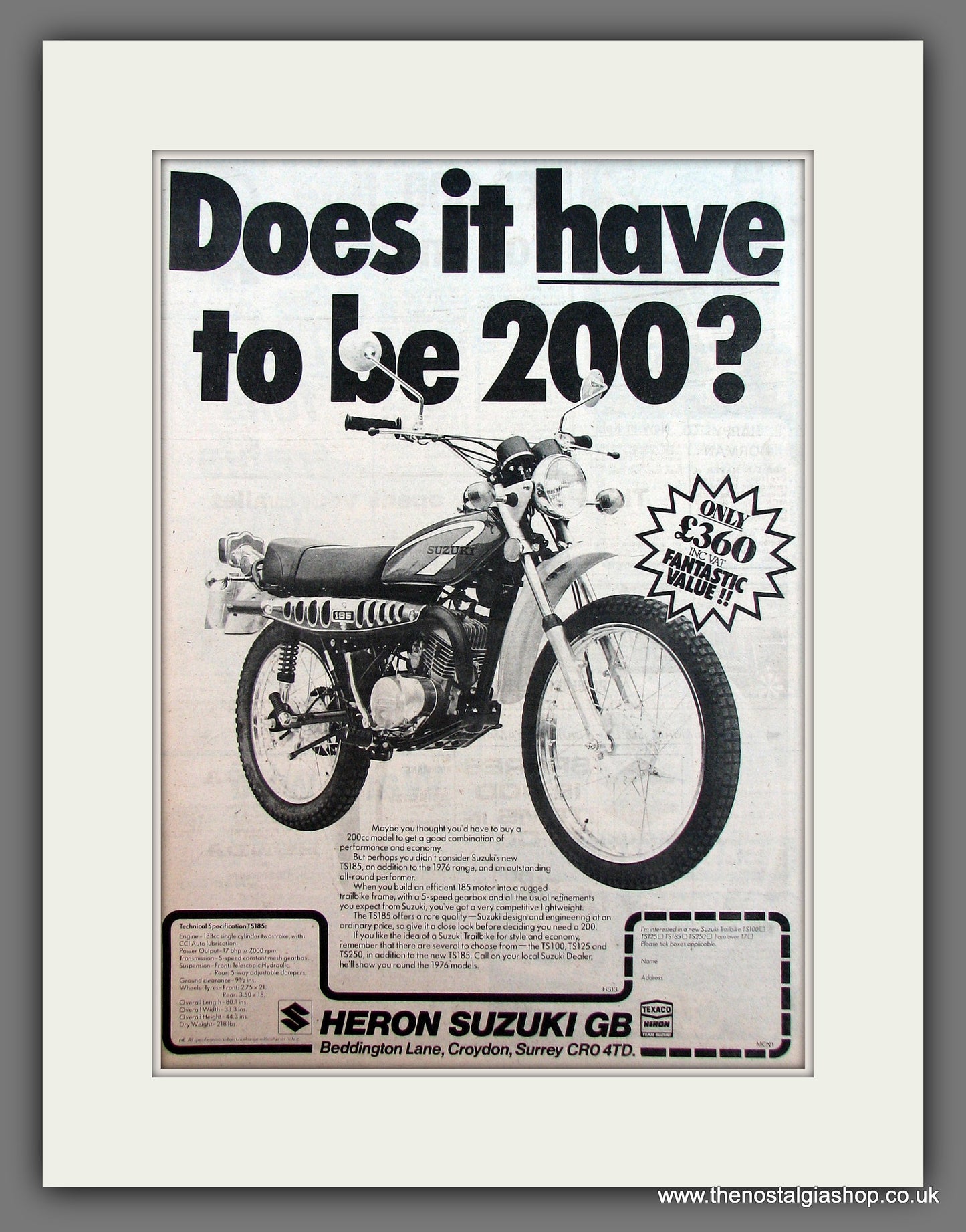 Suzuki TS185 Motorcycle. Original Advert 1976 (ref AD12918)