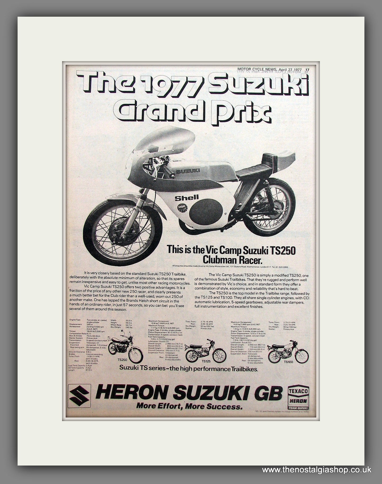 Suzuki TS250 Clubman Racer. Vic Camp. Original Advert 1977 (ref AD12924)