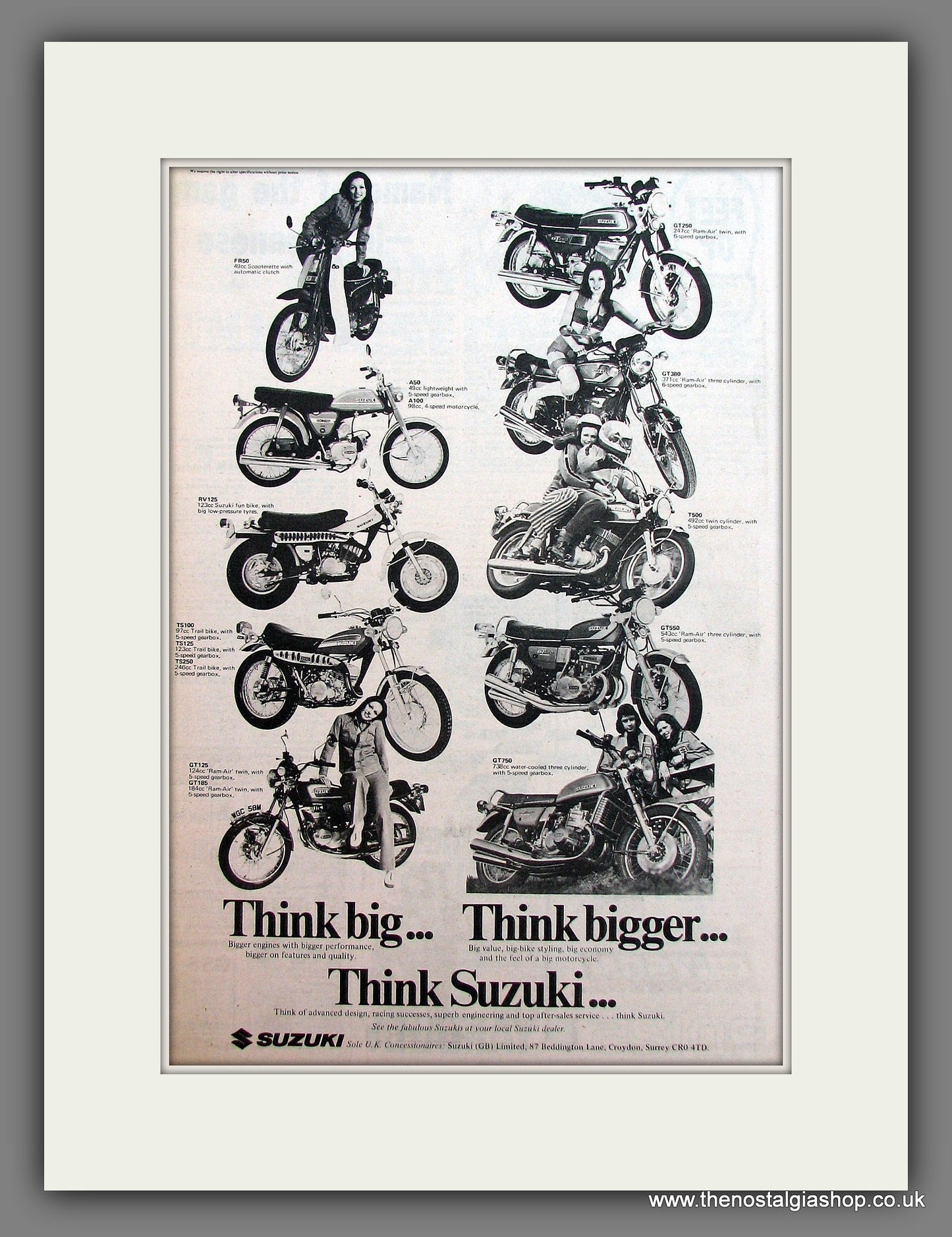 Suzuki Motorcycle Range. Original Advert 1974 (ref AD12926)