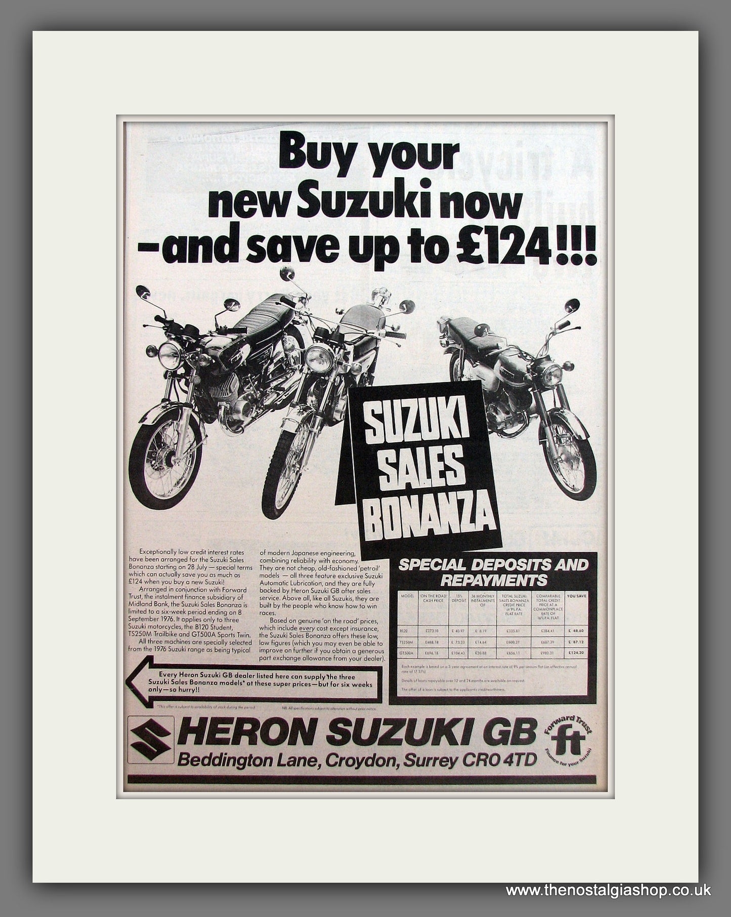 Suzuki Motorcycles Sales Bonanza. Original Advert 1976 (ref AD12931)