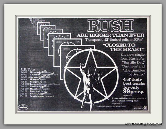 Rush. Closer To The Heart, Plus UK Tour. Vintage Advert 1978 (ref AD50344)