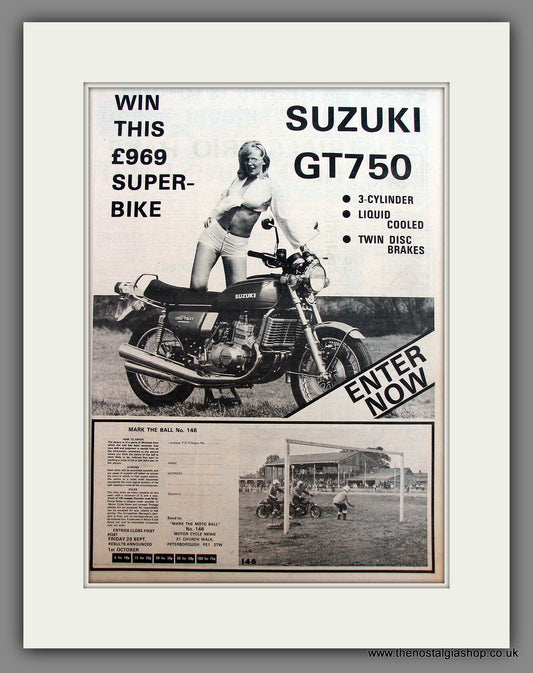 Suzuki GT750 Motorcycle. Win One! Original Advert 1975 (ref AD12934)