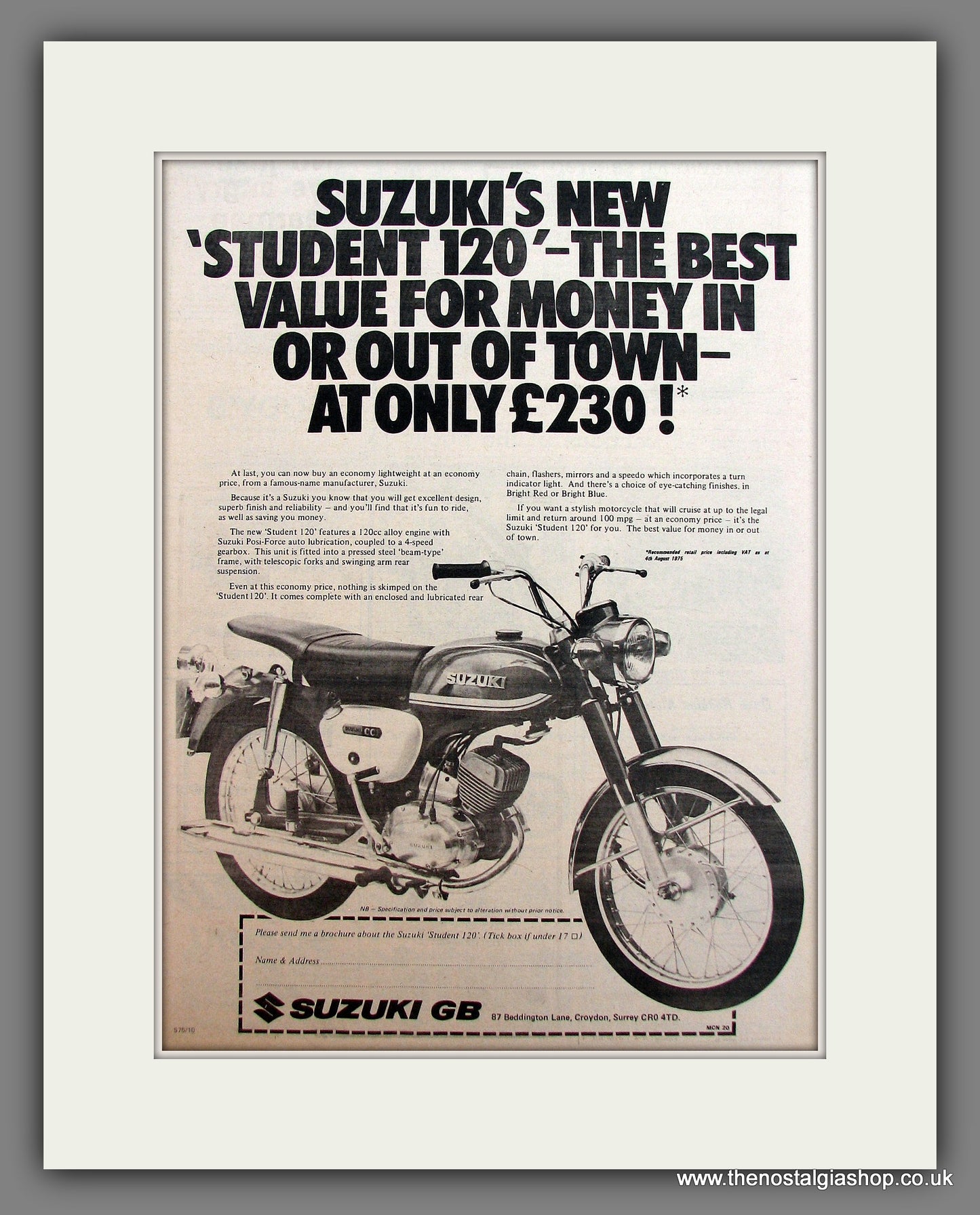 Suzuki Student 120 Motorcycle. Original Advert 1975 (ref AD12938)