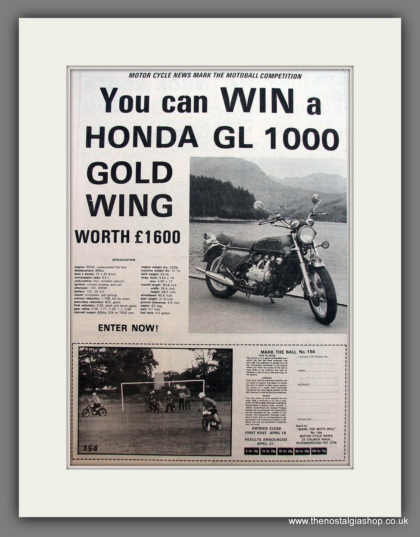 Honda GL 1000 Gold Wing Motorcycle. Win One! Original Advert 1976 (ref AD12959)