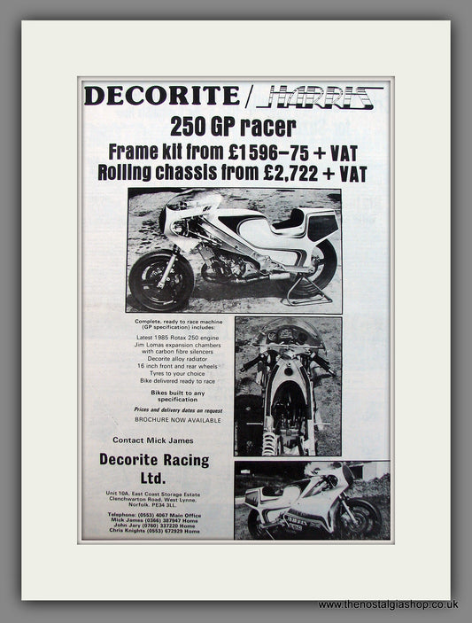 Decorite Racing 250 GP Racer Motorcycle. Original Advert 1984 (ref AD13013)