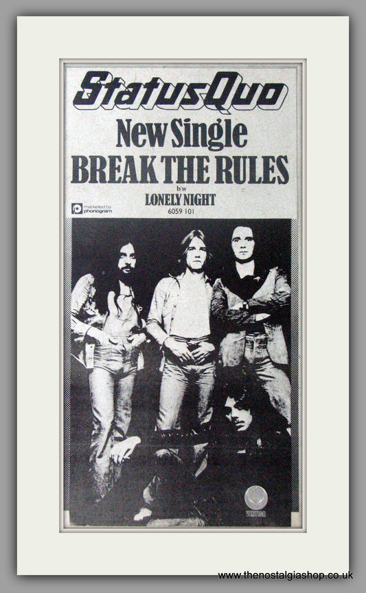 Status Quo. Break The Rules. Vintage Advert 1974 (ref AD50461)