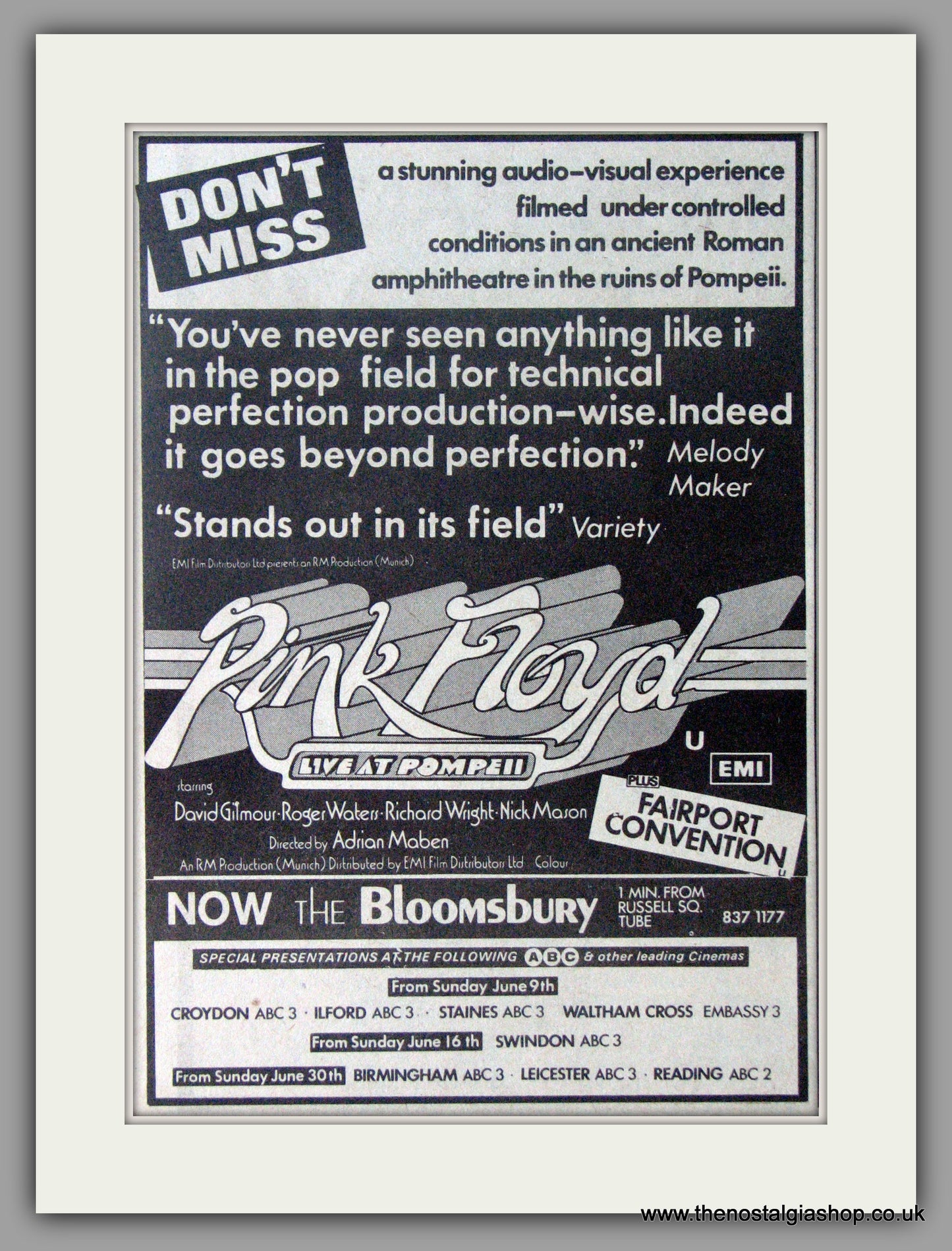 Pink Floyd. Live at Pompeii. Vintage Advert 1974 (ref AD50466)