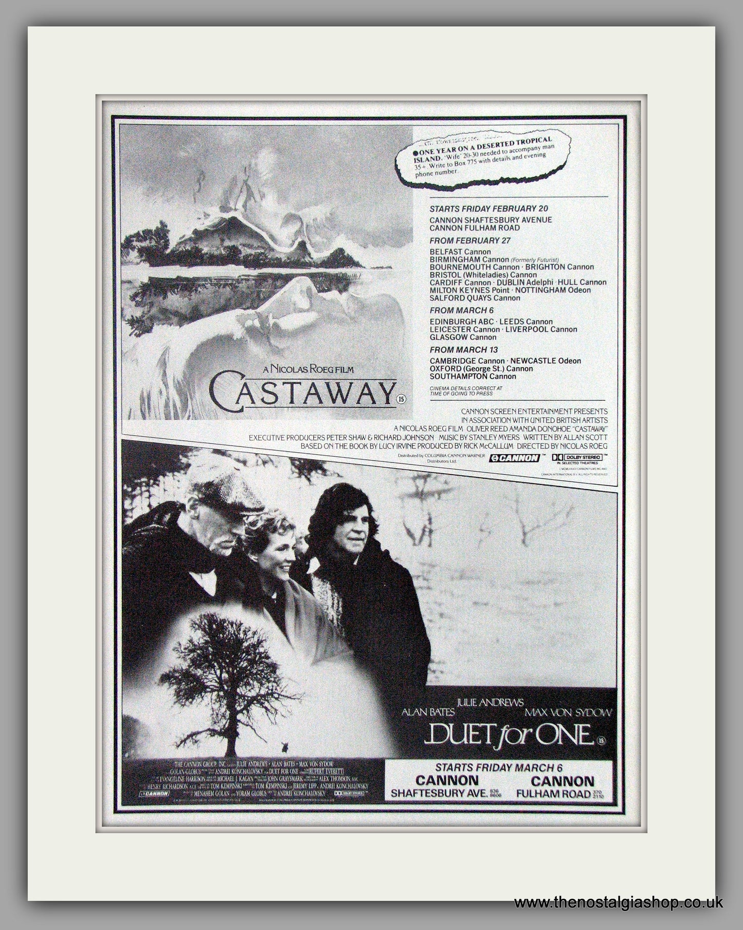 Castaway & Duet For One. Original Advert 1987 (ref AD50607)