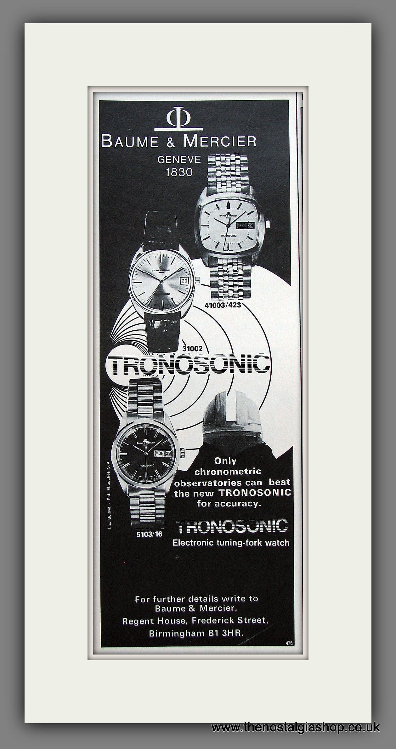 Baume & Mercier Tronosonic Watches. Original Advert 1972. (ref AD300131)