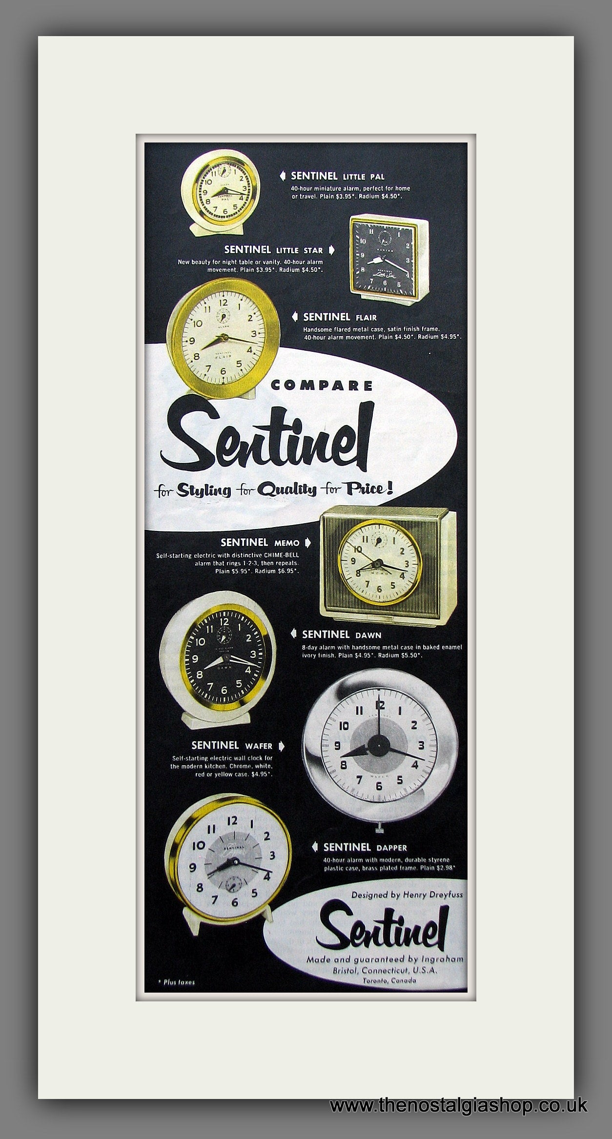 Sentinel Clocks. Original Advert 1953. (ref AD300109)