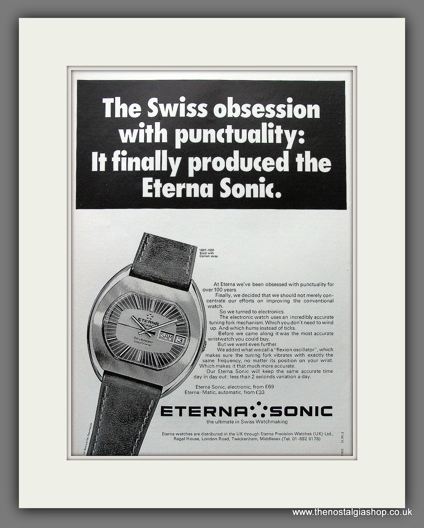 Eterna Sonic Watch. Original Advert 1972 (ref AD300117)