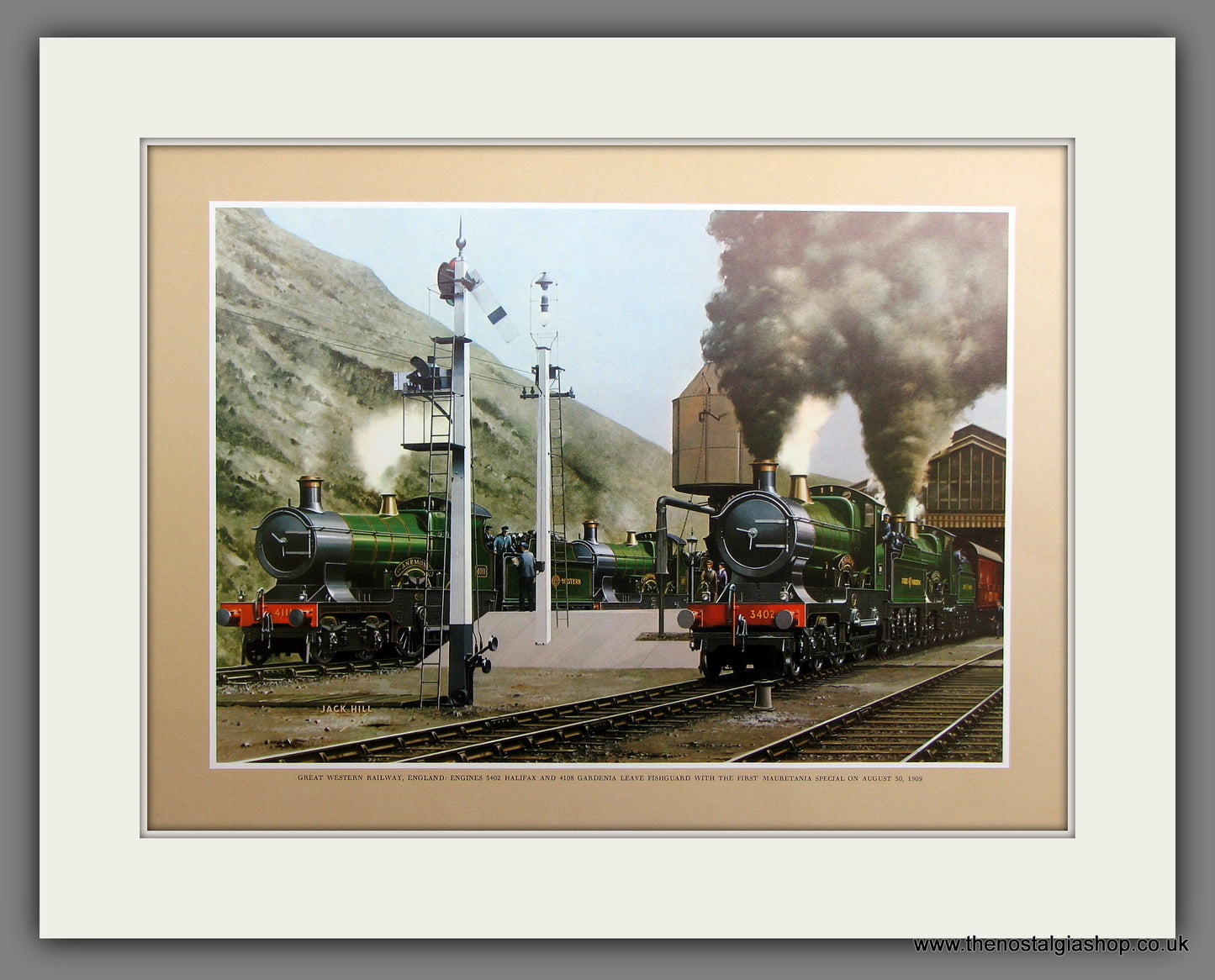 GWR. 3402 Halifax and 4108 Gardenia at Fishguard 1909. Mounted Railway Print.