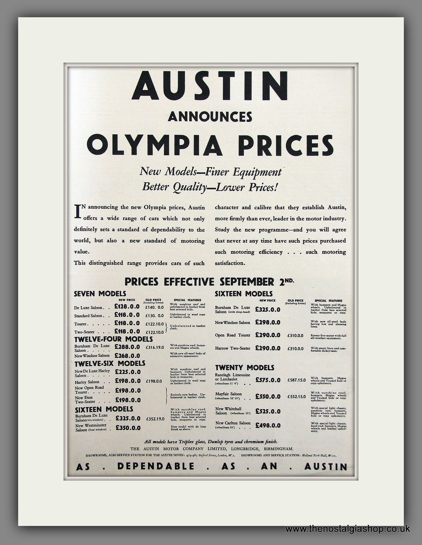 Austin Olympia Prices. Original Advert 1931 (ref AD300011)
