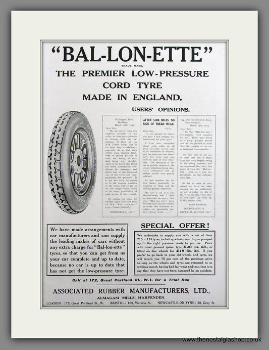 Bal-Lon-Ette Tyres. Original Advert 1924 (ref AD300036)
