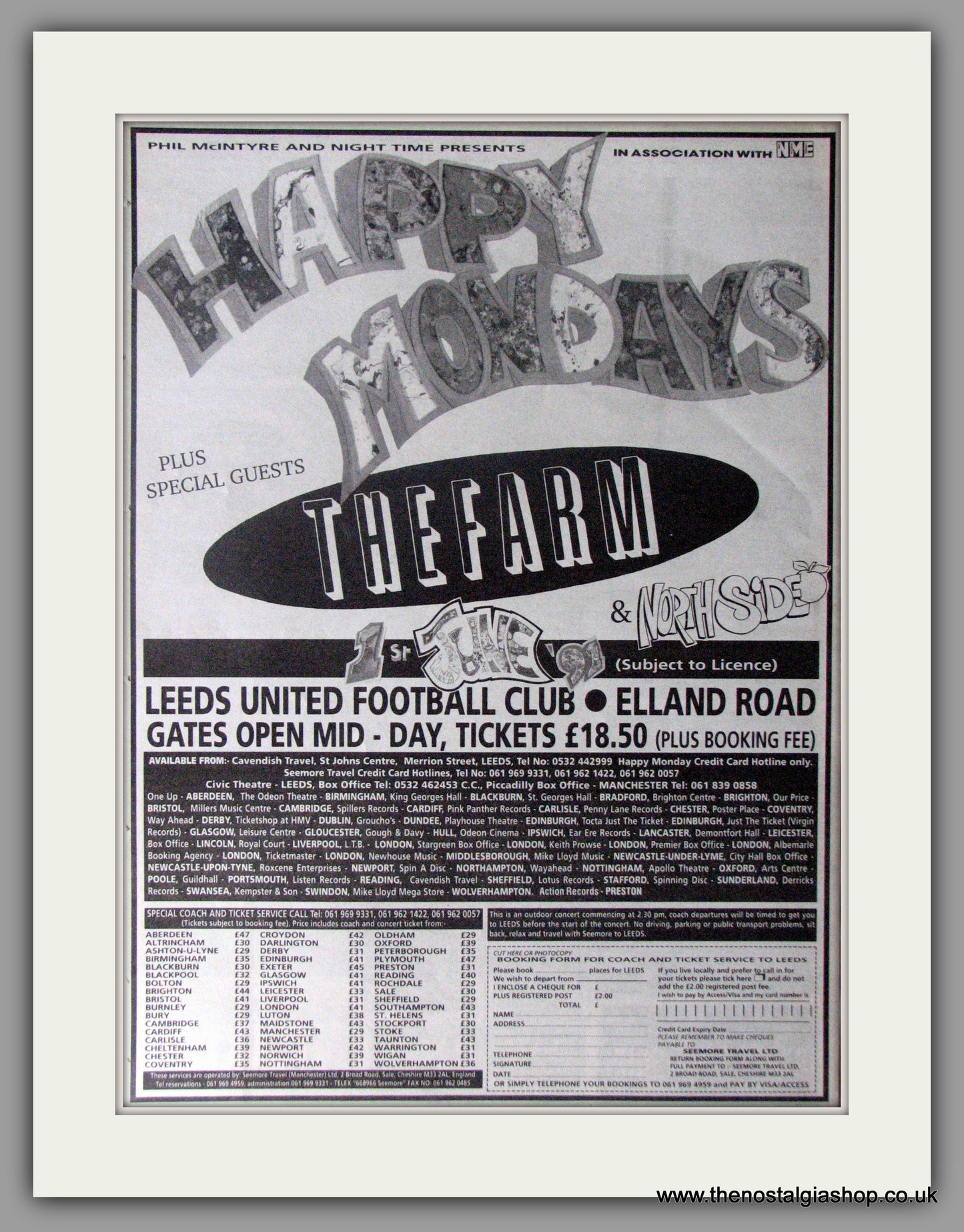 Happy Mondays, The Farm. Elland Road. Original Vintage Advert 1991 (ref AD11214)