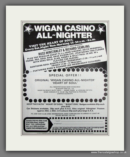 Wigan Casino All Nighter. Soul Club. 1975 Original Advert (ref AD55960)