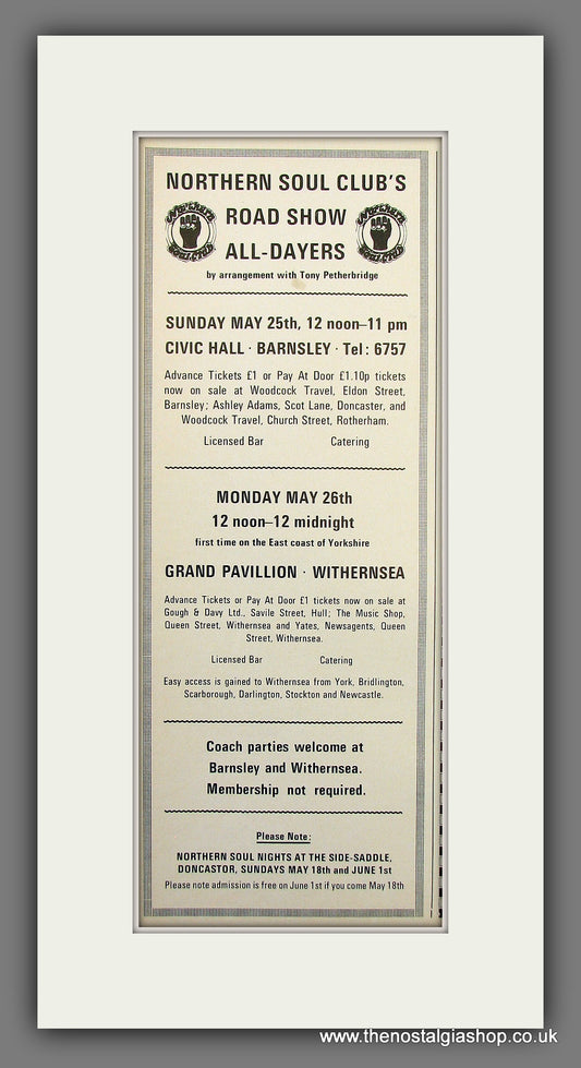 Northern Soul Club's Road Show All-Dayers. 1975 Original Advert (ref AD55979)
