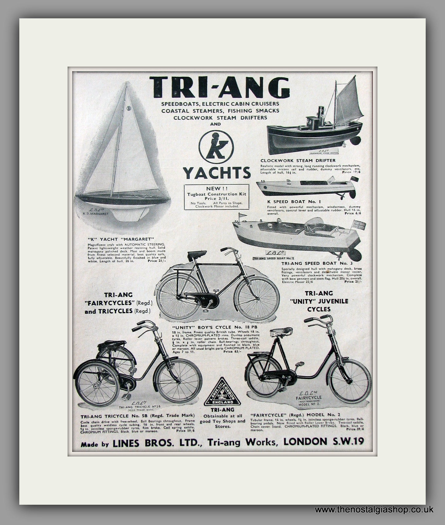 TRI-ANG Boats and Cycles. Original Advert 1939 (ref AD51040)