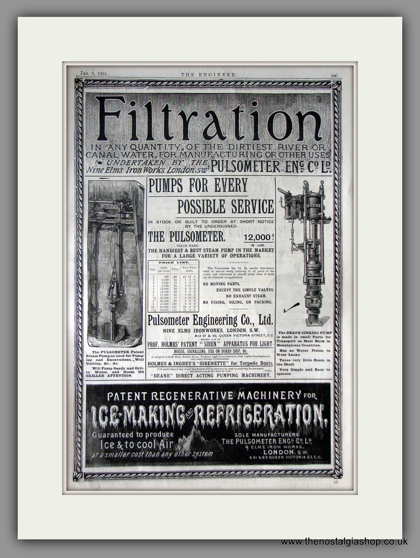 Pulsometer Engineering Co. Ltd. Filtration Pumps. Original Advert 1891 (ref AD11225)