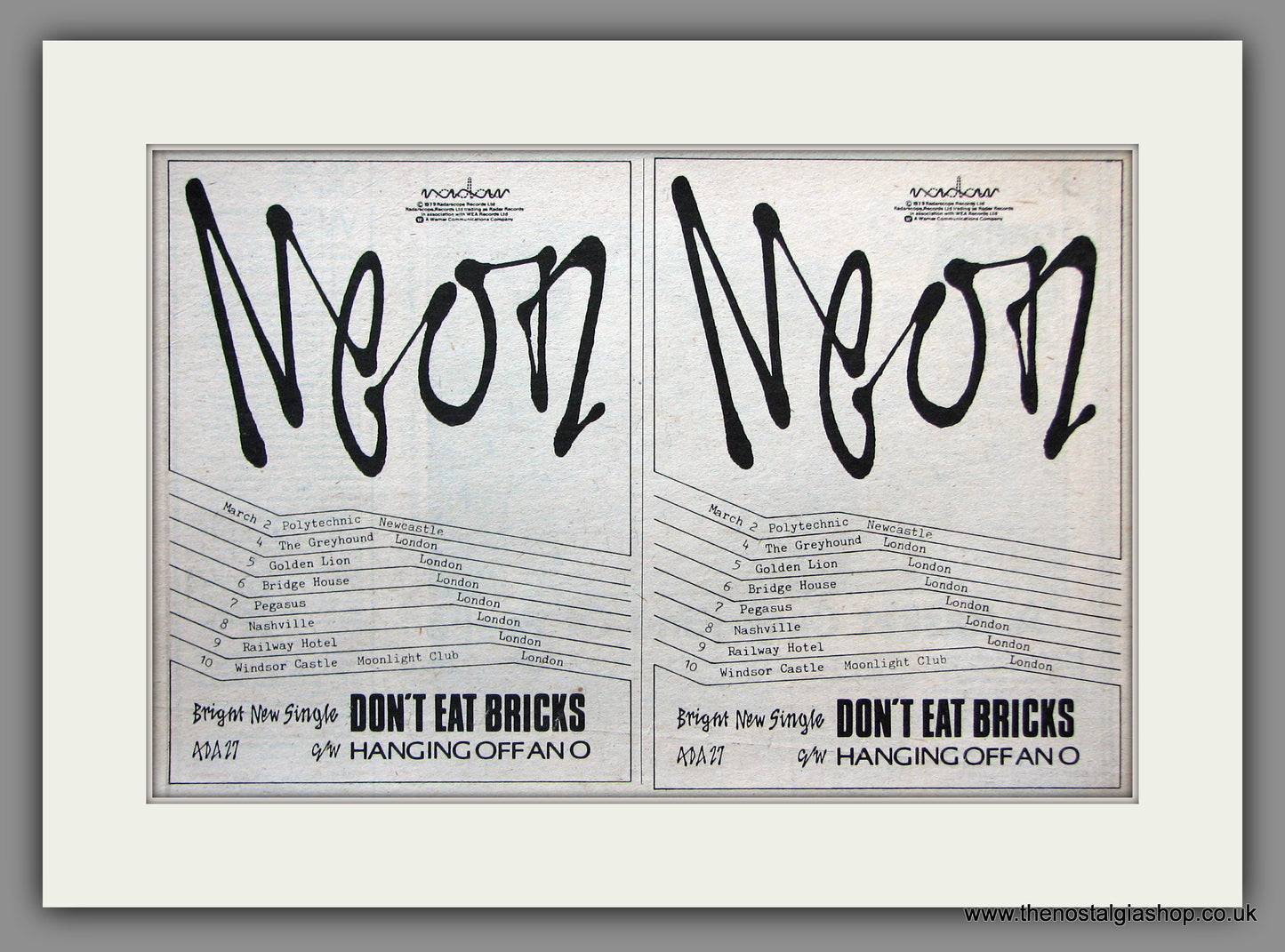 Neon. Don't Eat Bricks. UK Tour. 1979 Original Advert (ref AD51331)
