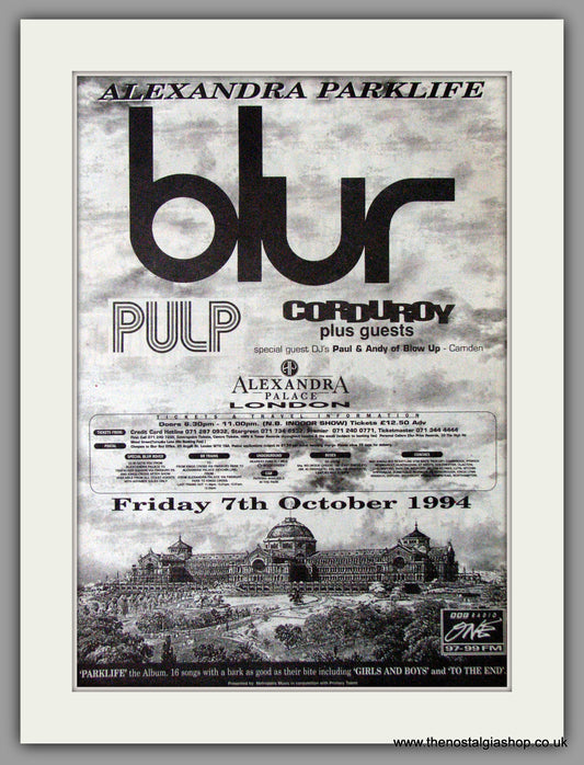 Blur. Alexandra Parklife Concert. 1994 Original Advert (ref AD11268)