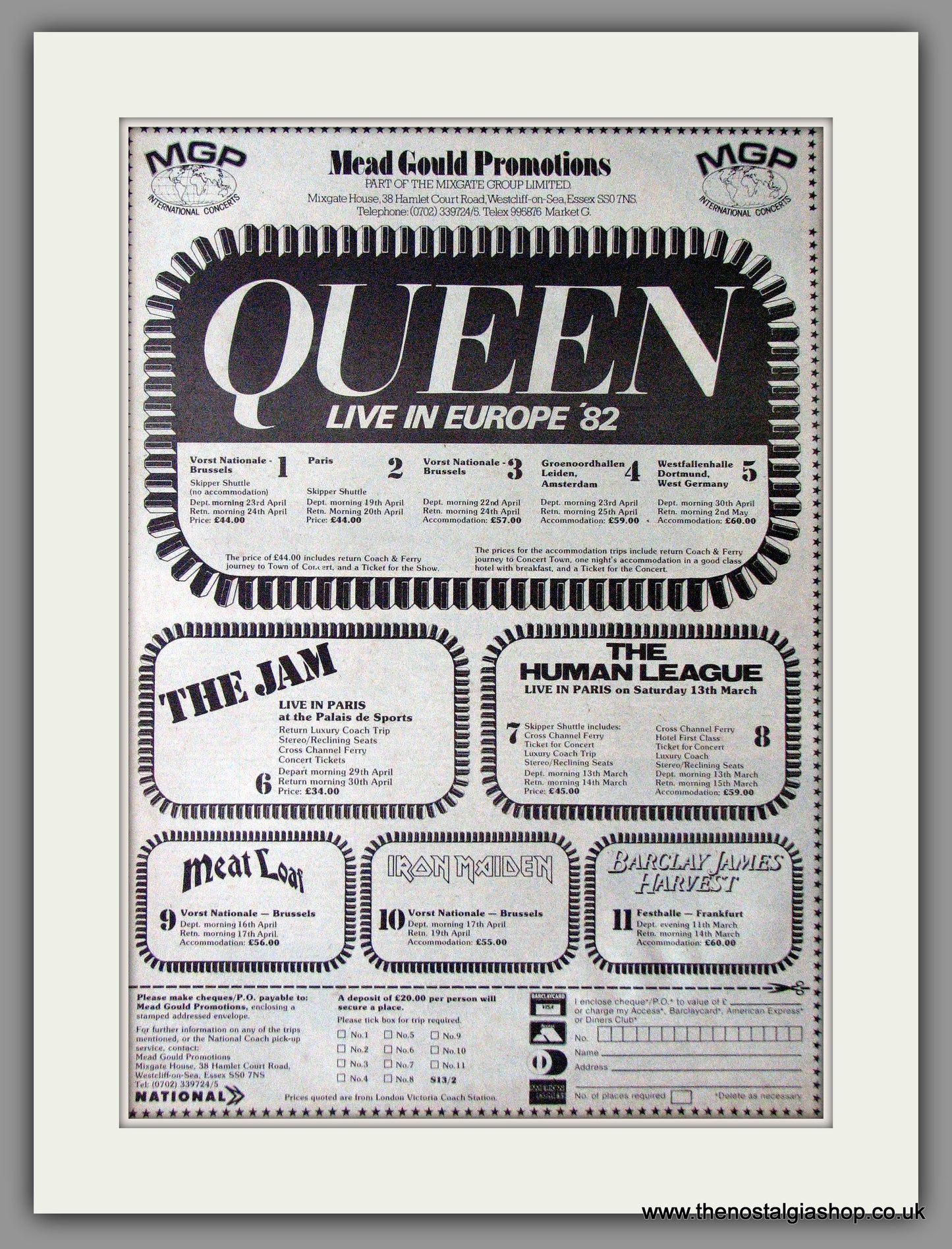 Queen Live in Europe '82. Mead Gould Promotions Vintage Advert 1982 (ref AD11336)