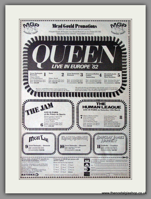 Queen Live in Europe '82. Mead Gould Promotions Vintage Advert 1982 (ref AD11336)
